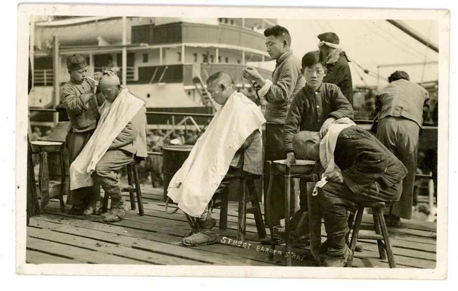 Street Barbers At Ship Dock Shanghai China barber advert A4 Photo Print