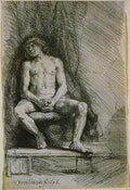 Study From The Nude Man Seated Before Curtain Sil A4 Photo Print