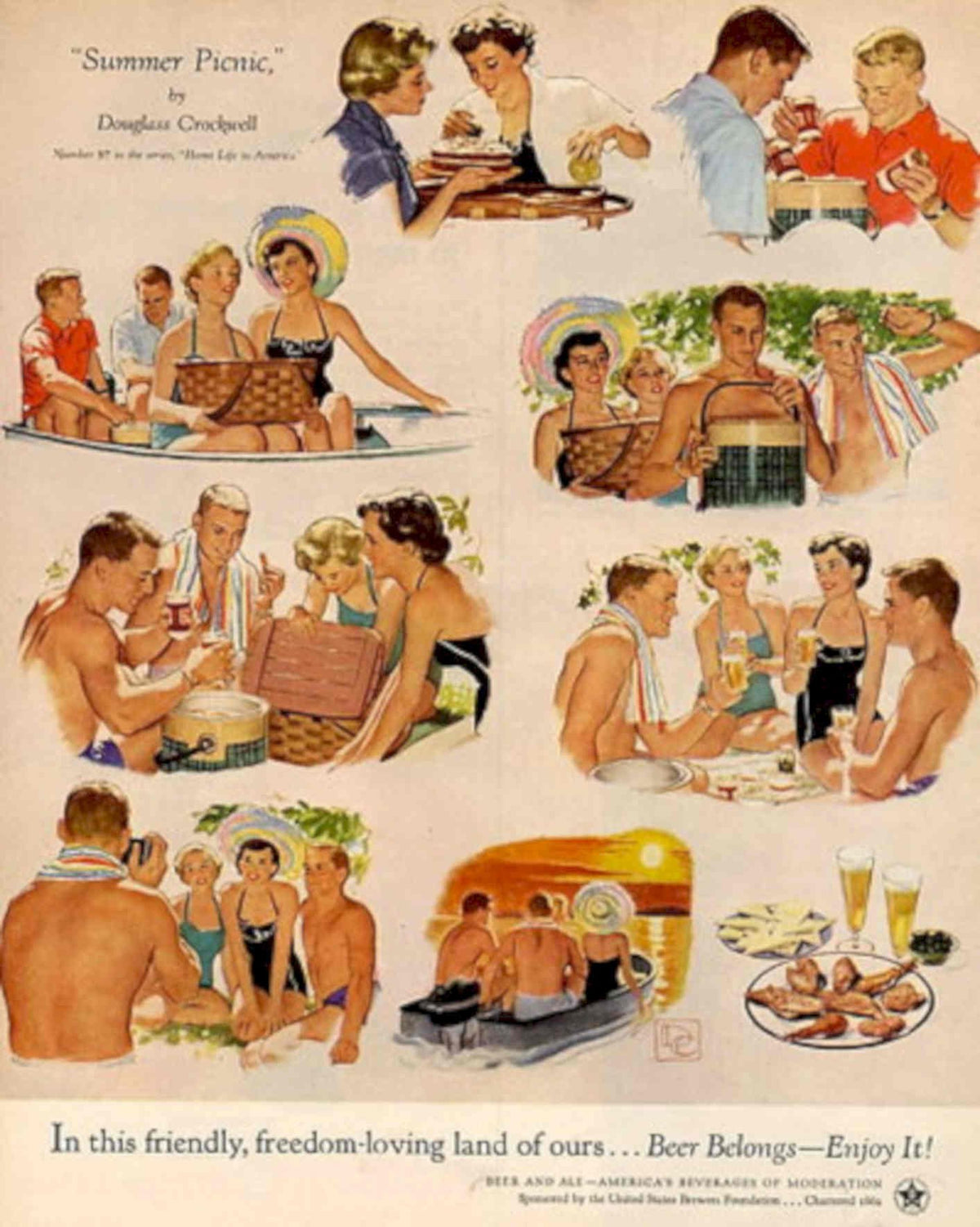 Summer Picnic Families 1950s Vintage Retro Advert Poster