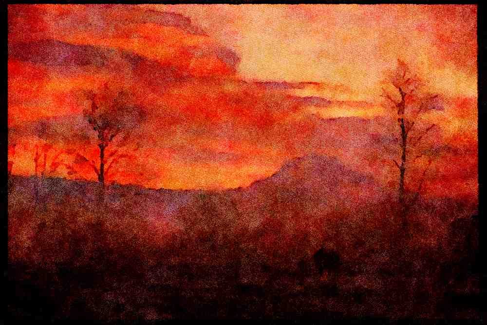 Sunrise Sunset Sky 001001 Dawn Behind Mountain And Lake A4 Limited Edition Watercolour Print
