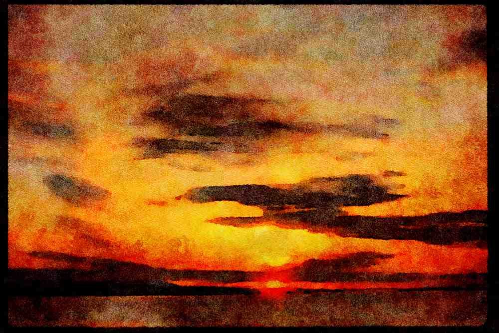 Sunrise Sunset Sky 001007 Six Pointed Rays Through Clouds Over Bay A4 Limited Edition Watercolour Print