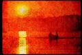 Sunrise Sunset Sky 001010 Sun Setting Over Lake Fishermen A4 Limited Edition Watercolour Print