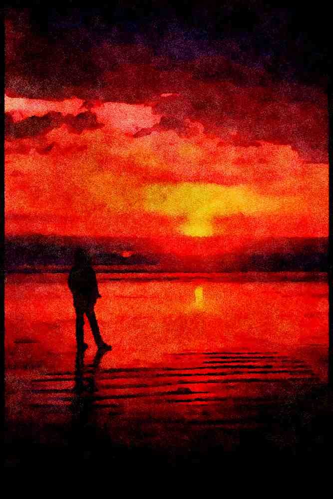 Sunrise Sunset Sky 001020 Person At Beach Silhouetted In Red A4 Limited Edition Watercolour Print