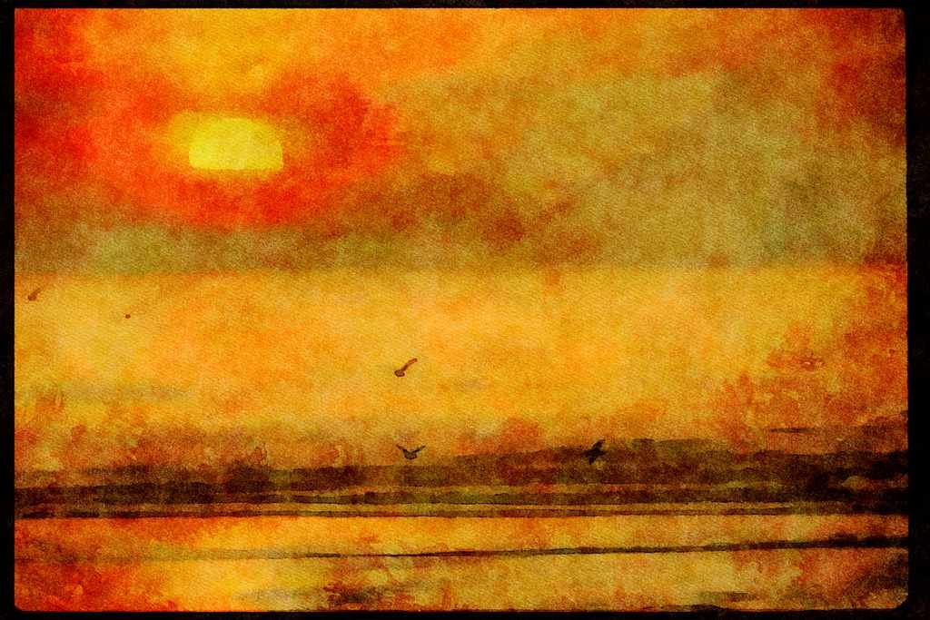 Sunrise Sunset Sky 001038 Sun In Red Sky Over Surf With Birds A4 Limited Edition Watercolour Print