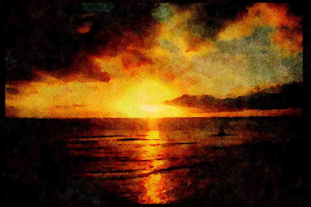 Sunrise Sunset Sky 001041 Yellow Sun Reflected, Sailboat A4 Limited Edition Watercolour Print