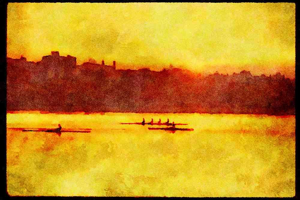 Sunrise Sunset Sky 001042 Sun Setting Over Rowing Teams A4 Limited Edition Watercolour Print