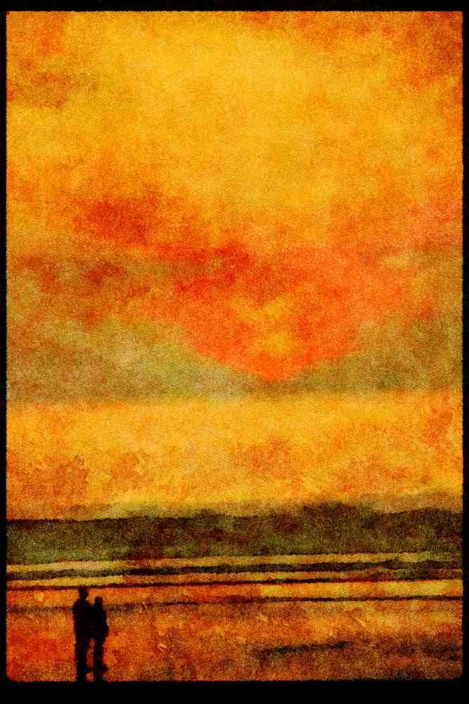 Sunrise Sunset Sky 001043 Couple At Beach Silhouette With Sun A4 Limited Edition Watercolour Print