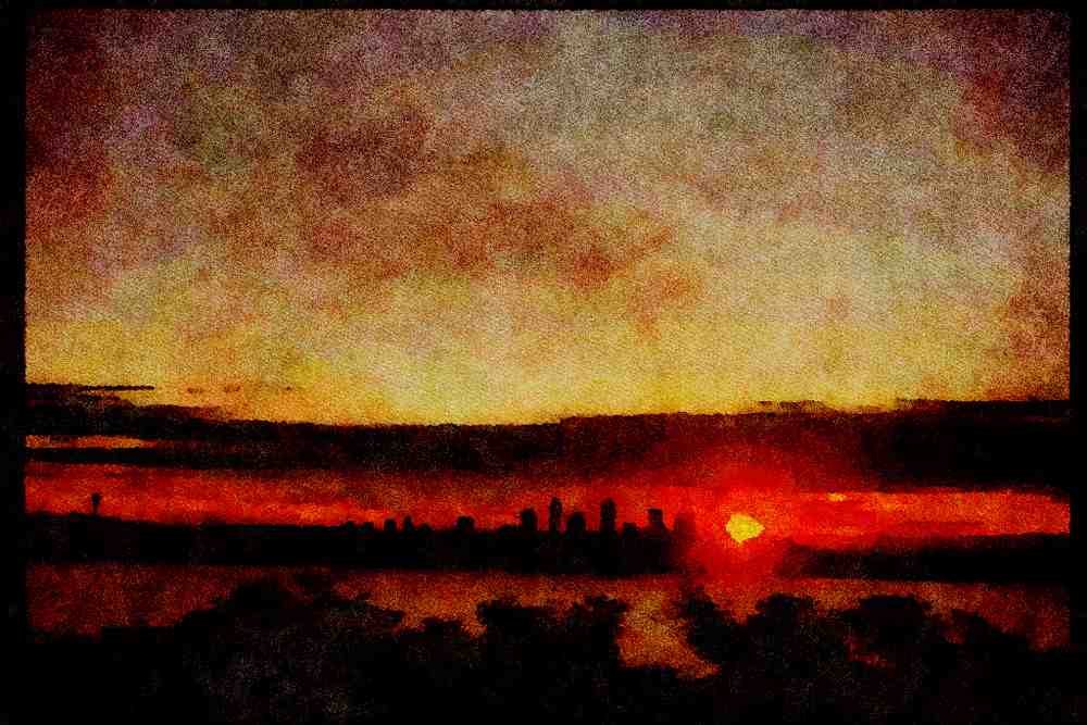 Sunrise Sunset Sky 001046 Rayed Sunset Behind City A4 Limited Edition Watercolour Print