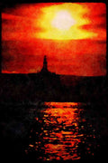 Sunrise Sunset Sky 001048 Sun In Red Clouds Over Oil Rig A4 Limited Edition Watercolour Print