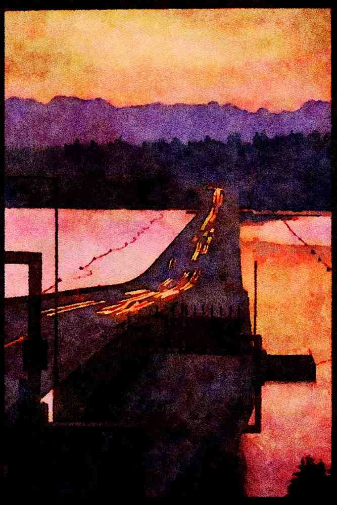Sunrise Sunset Sky 001050 Dawn On Floating Bridge With Headlights A4 Limited Edition Watercolour Print