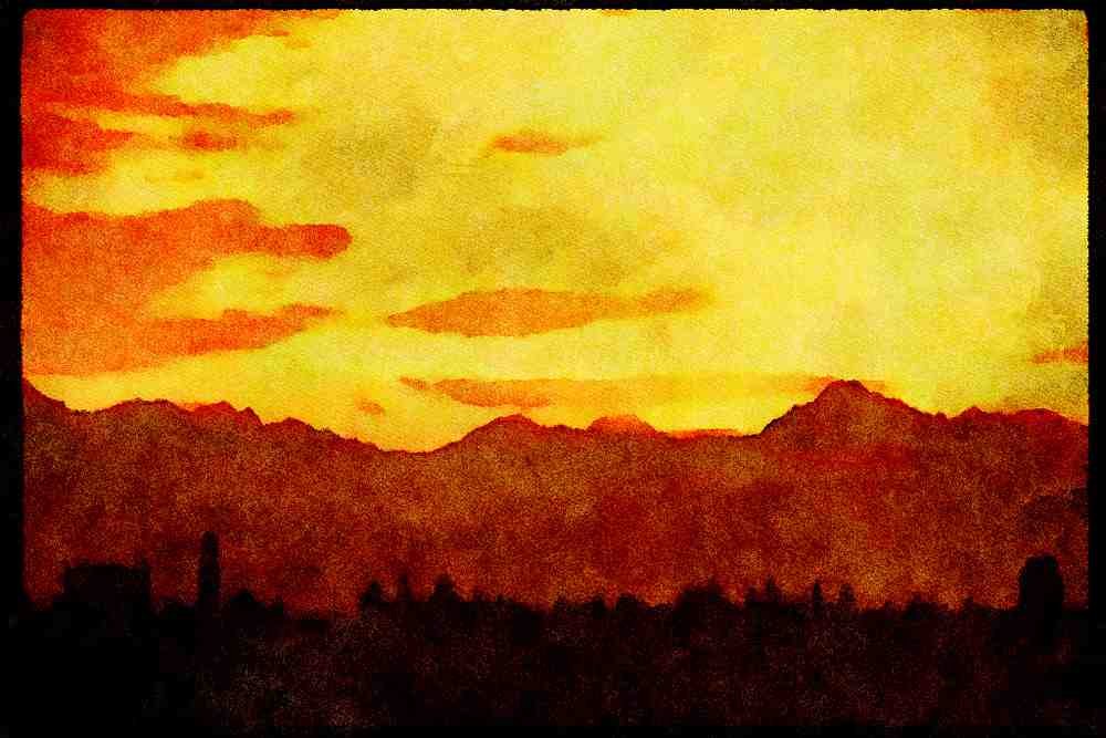 Sunrise Sunset Sky 001051 Yellow Sunset Behind Mountains A4 Limited Edition Watercolour Print