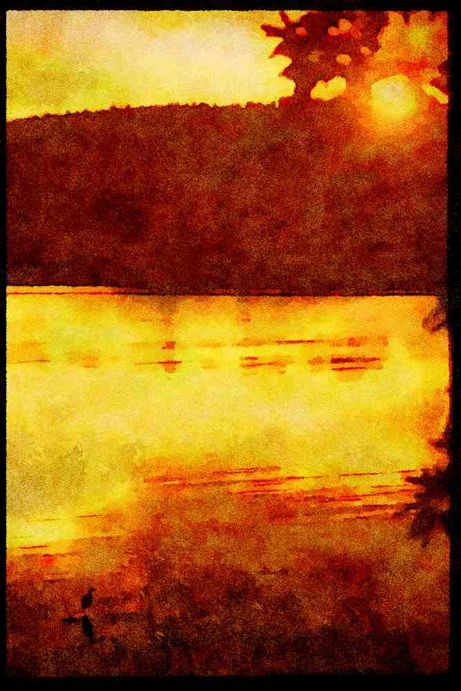Sunrise Sunset Sky 001056 Yellow Sun Through Park Trees A4 Limited Edition Watercolour Print