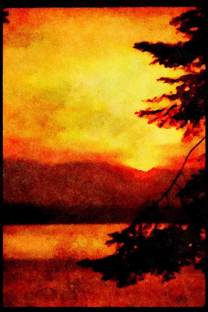 Sunrise Sunset Sky 001057 Sunset Behind Hills Over Water, Trees A4 Limited Edition Watercolour Print