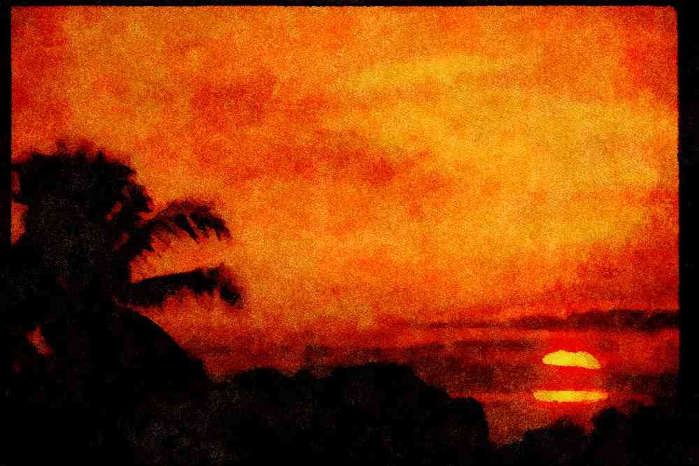 Sunrise Sunset Sky 001062 Sun Setting Behind Palms And Clouds A4 Limited Edition Watercolour Print
