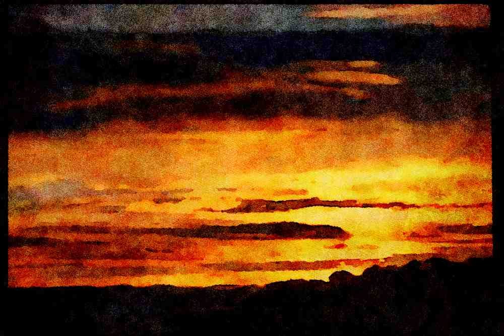 Sunrise Sunset Sky 001067 Backlit Clouds Over Mountain A4 Limited Edition Watercolour Print
