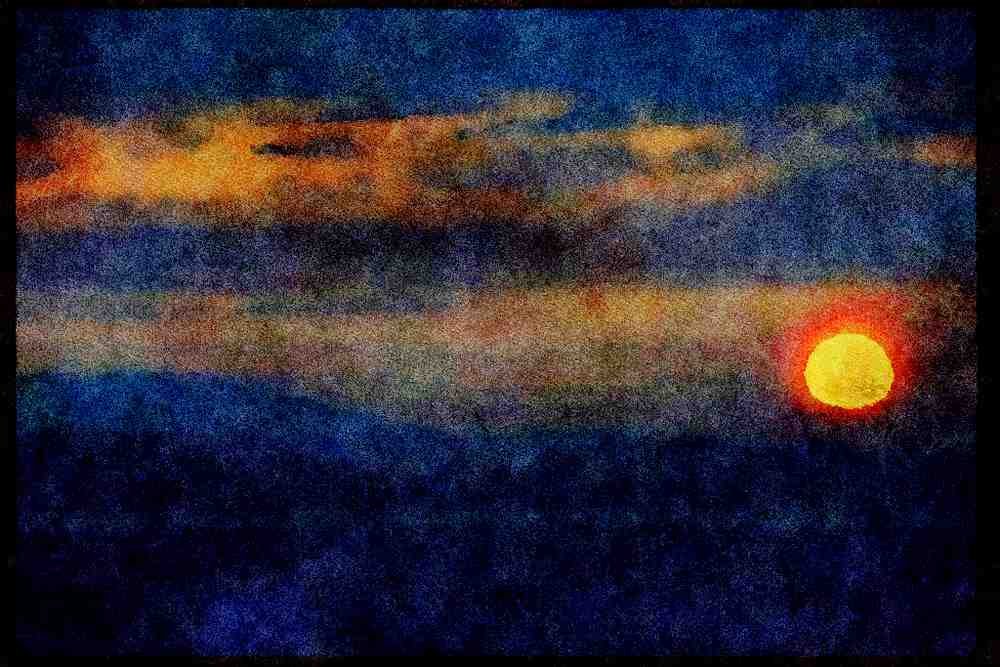 Sunrise Sunset Sky 001070 Fiery Sun Setting Over Bay A4 Limited Edition Watercolour Print