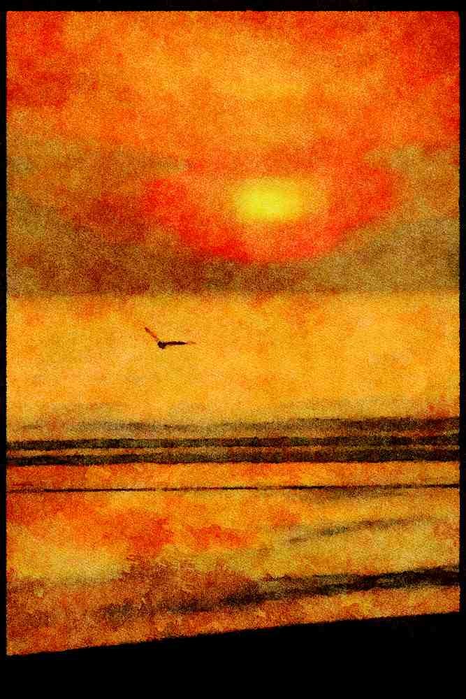 Sunrise Sunset Sky 001071 Sun Through Clouds With Single Gull A4 Limited Edition Watercolour Print