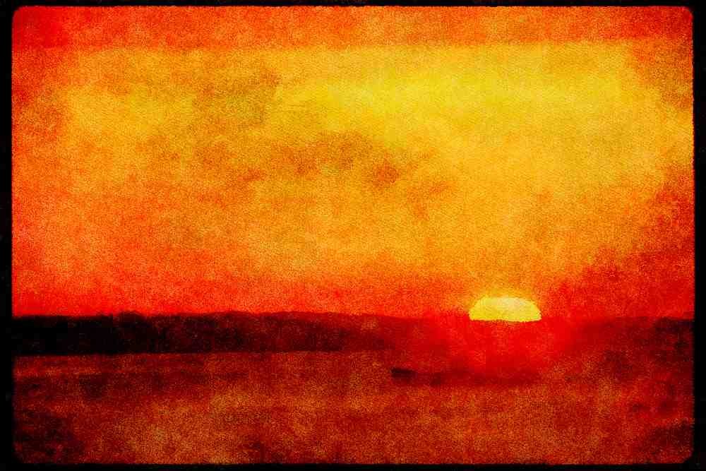 Sunrise Sunset Sky 001072 Sun Setting Behind Freighter A4 Limited Edition Watercolour Print