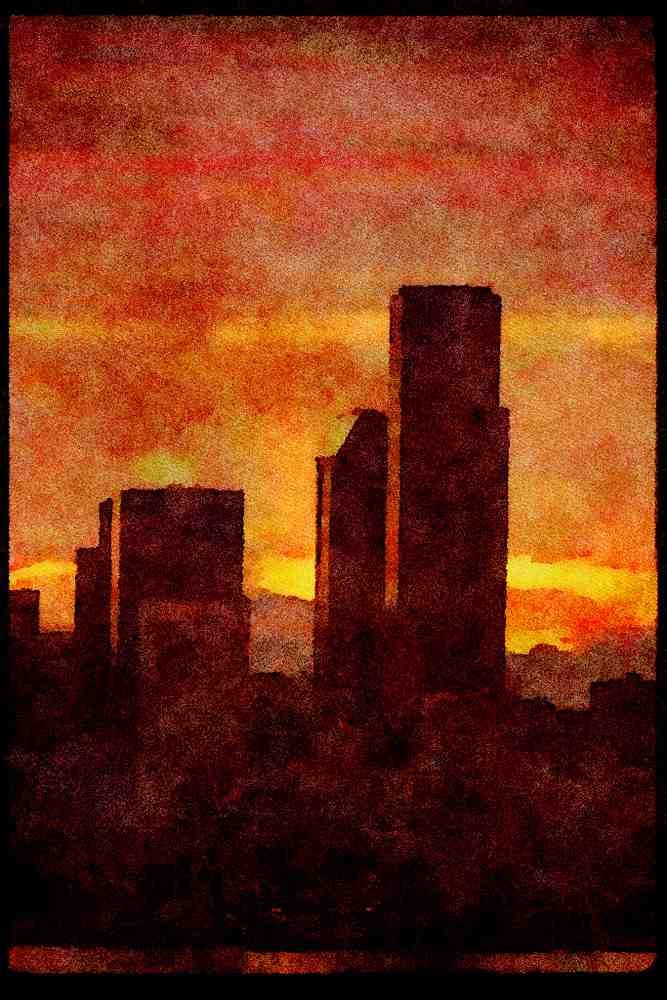 Sunrise Sunset Sky 001080 Dawn Behind Buildings. A4 Limited Edition Watercolour Print