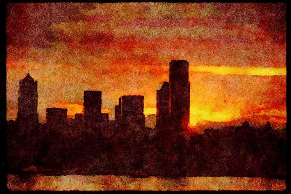 Sunrise Sunset Sky 001081 Dawn Breaking Over City, Ferries A4 Limited Edition Watercolour Print