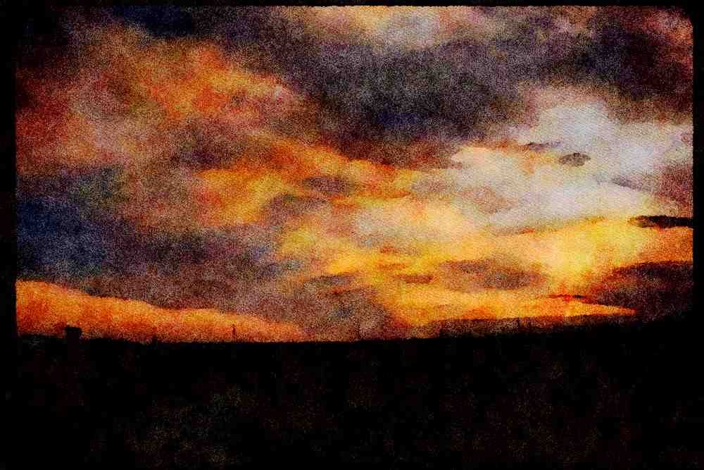 Sunrise Sunset Sky 001082 Country Sunset, Windswept Clouds A4 Limited Edition Watercolour Print
