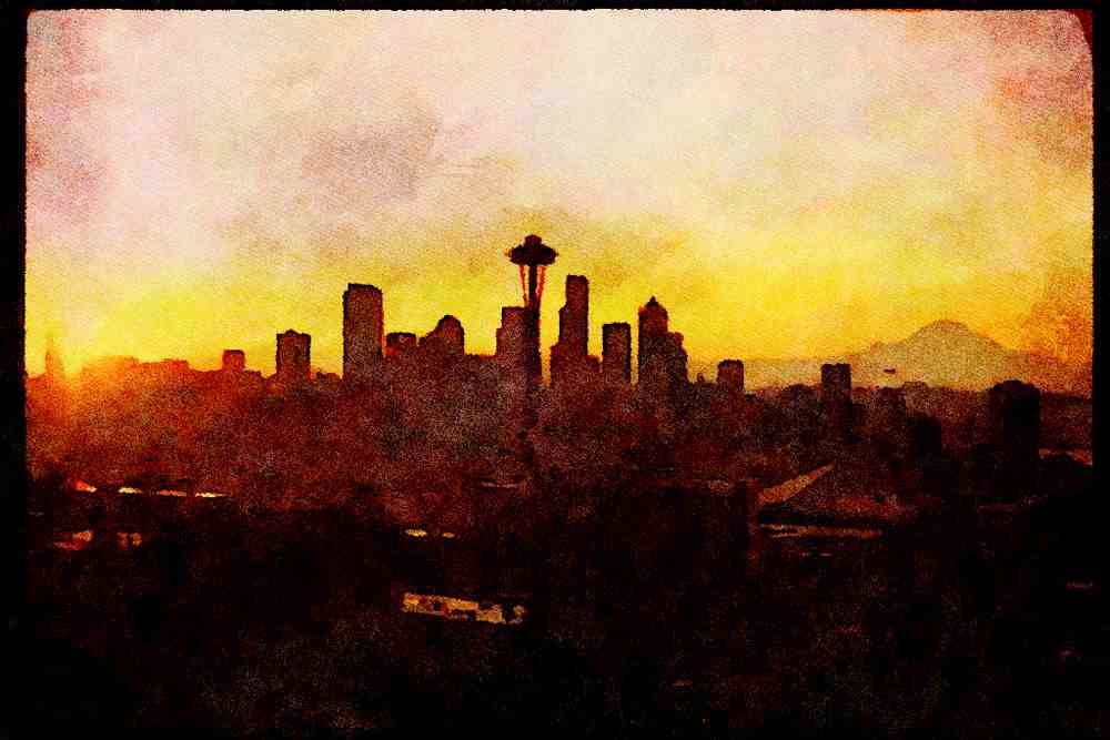 Sunrise Sunset Sky 001098 Dawn On Seattle And Mt. Rainier A4 Limited Edition Watercolour Print