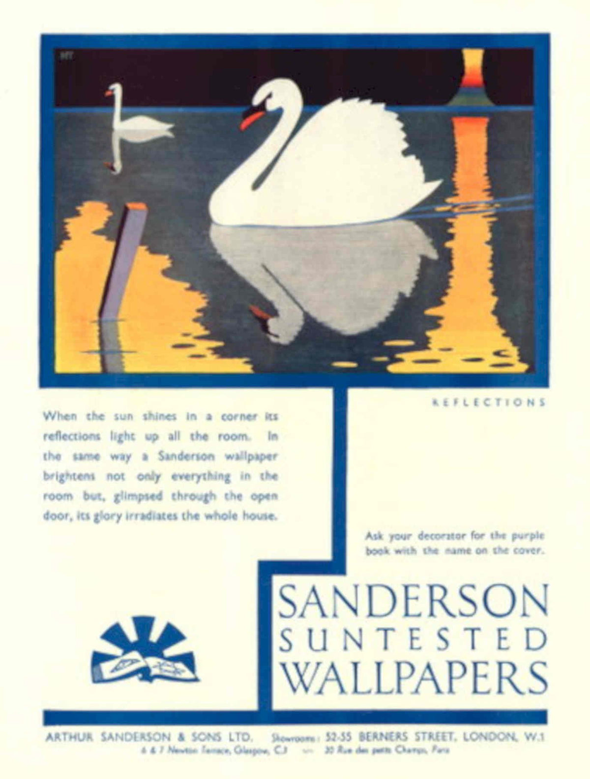 Swan Reflections Sanderson 1930s Vintage Retro Advert Poster