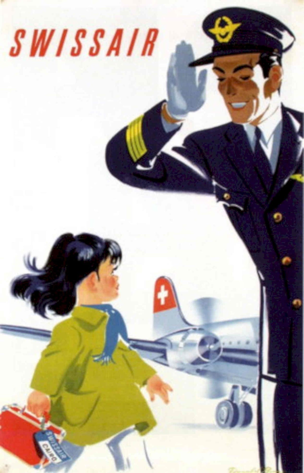 Swissair Pilot Girl 1950s Vintage Retro Advert Poster