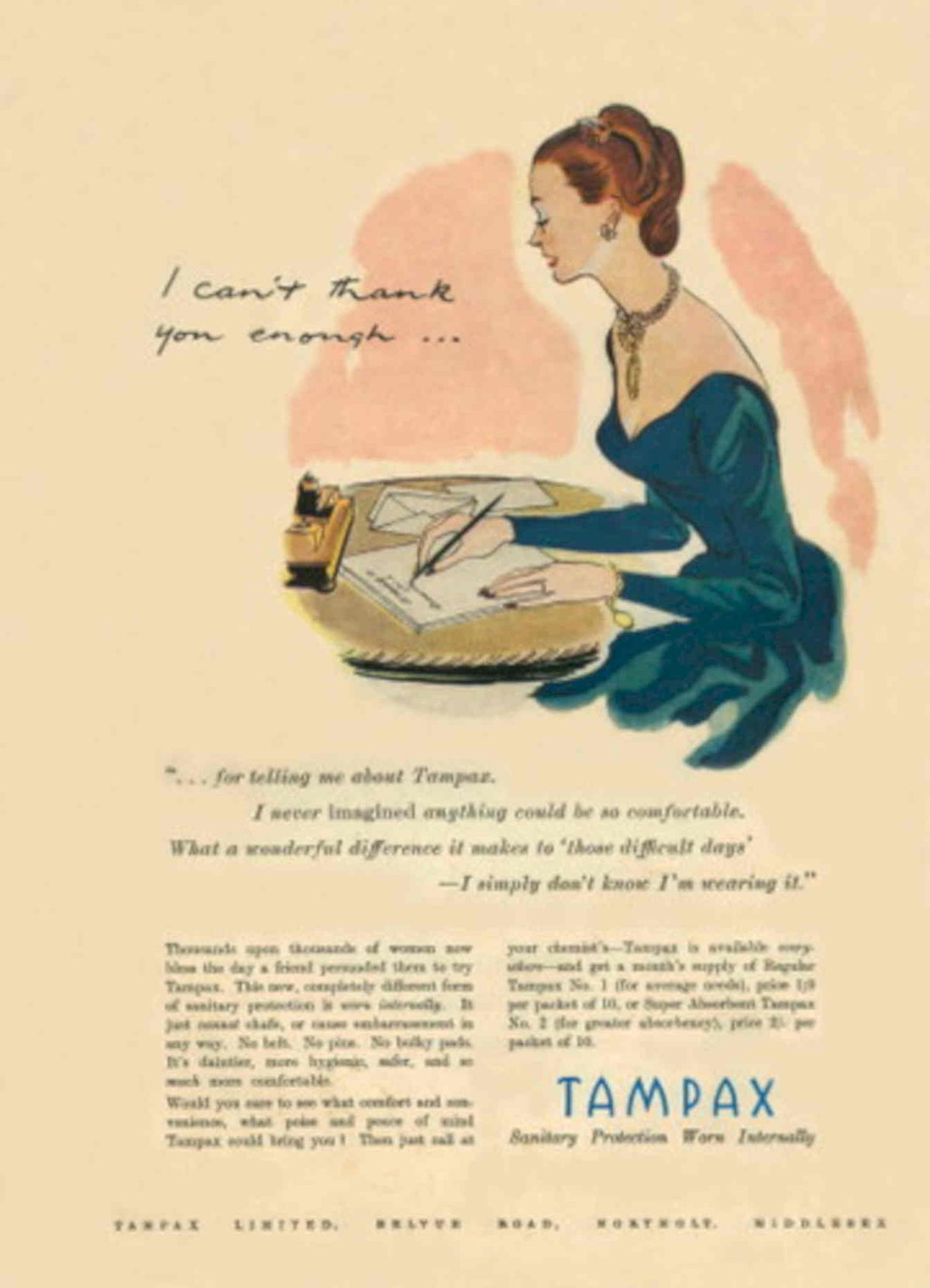 Tampax Protection Woman 1950s Vintage Retro Advert Poster