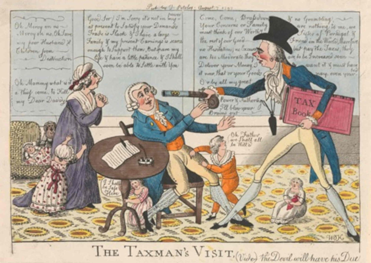 Taxman Visit Family GB Cartoon Vintage Retro Advert Poster