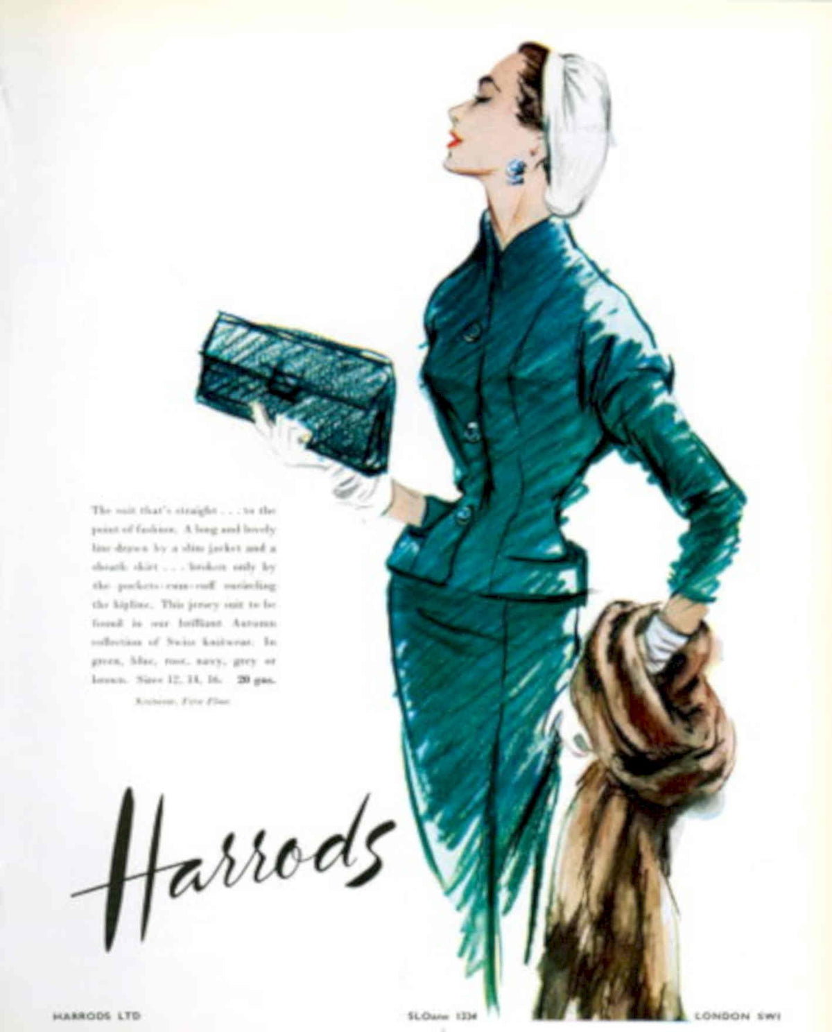 Teal Suit Harrods 1950s Vintage Retro Advert Poster
