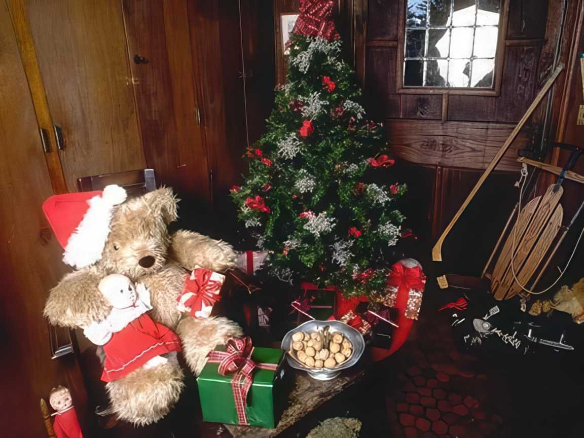 Teddy Bears Satged Christmas Tree Scene A4 Photo Print