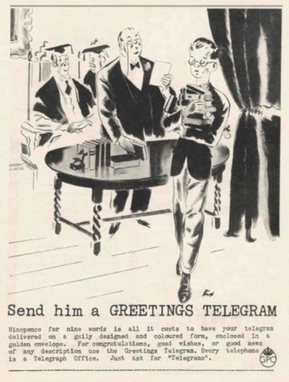 Telegram Men Table 1930s Vintage Retro Advert Poster