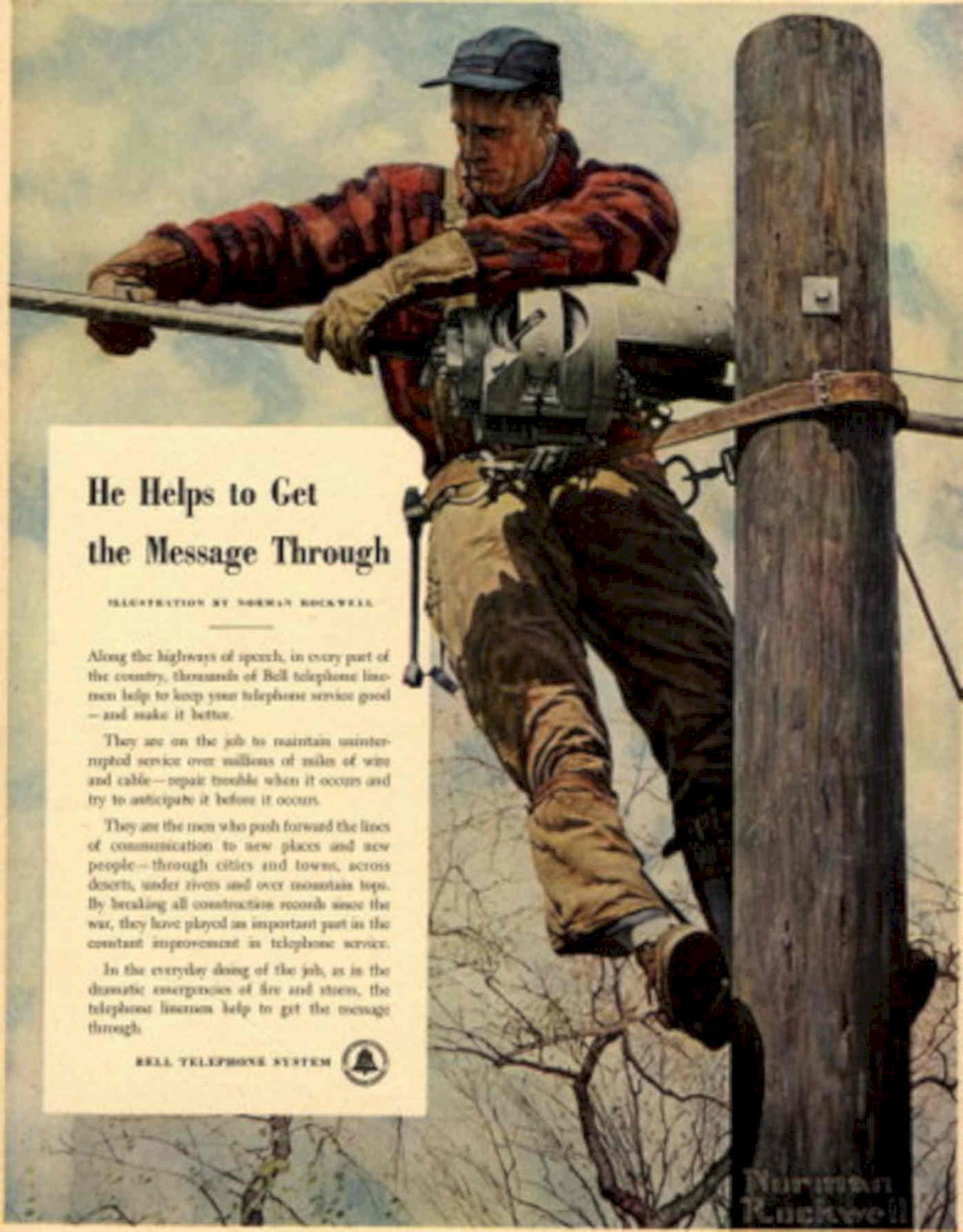 Telephone Repairman Pole 1940s Vintage Retro Advert Poster