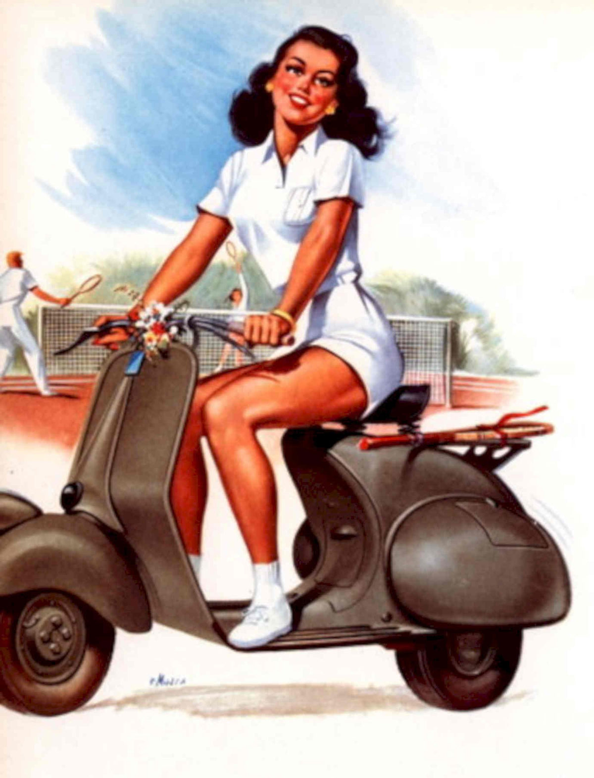 Tennis Vespa Mulia 1950s Vintage Retro Advert Poster