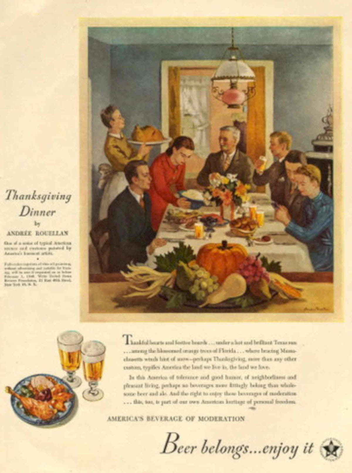 Thanksgiving Dinner Beer 2 1940s Vintage Retro Advert Poster