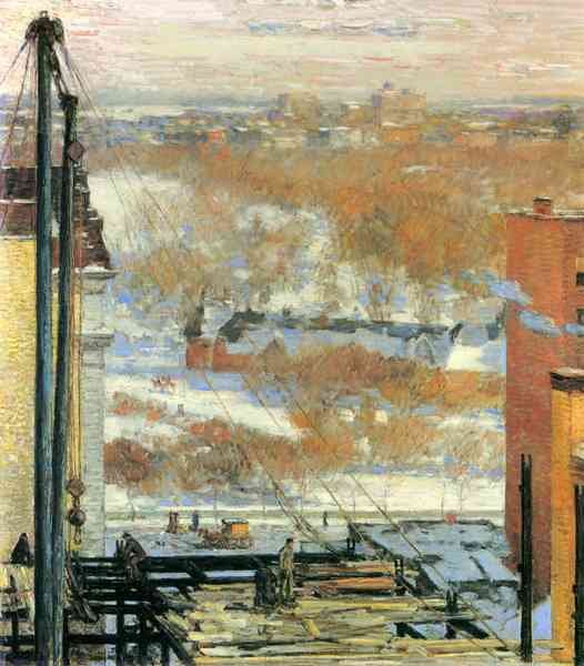 The hut and the skyscrapers by Hassam Impressionism American A4 Photo Print