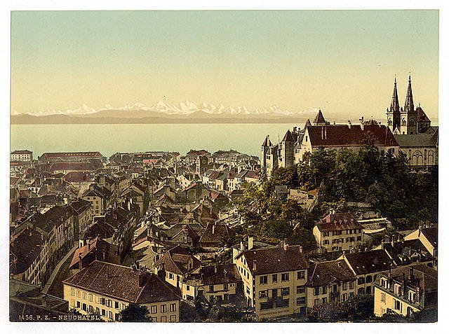 The town Neuchatel and the castle Vintage A4 Photo Print