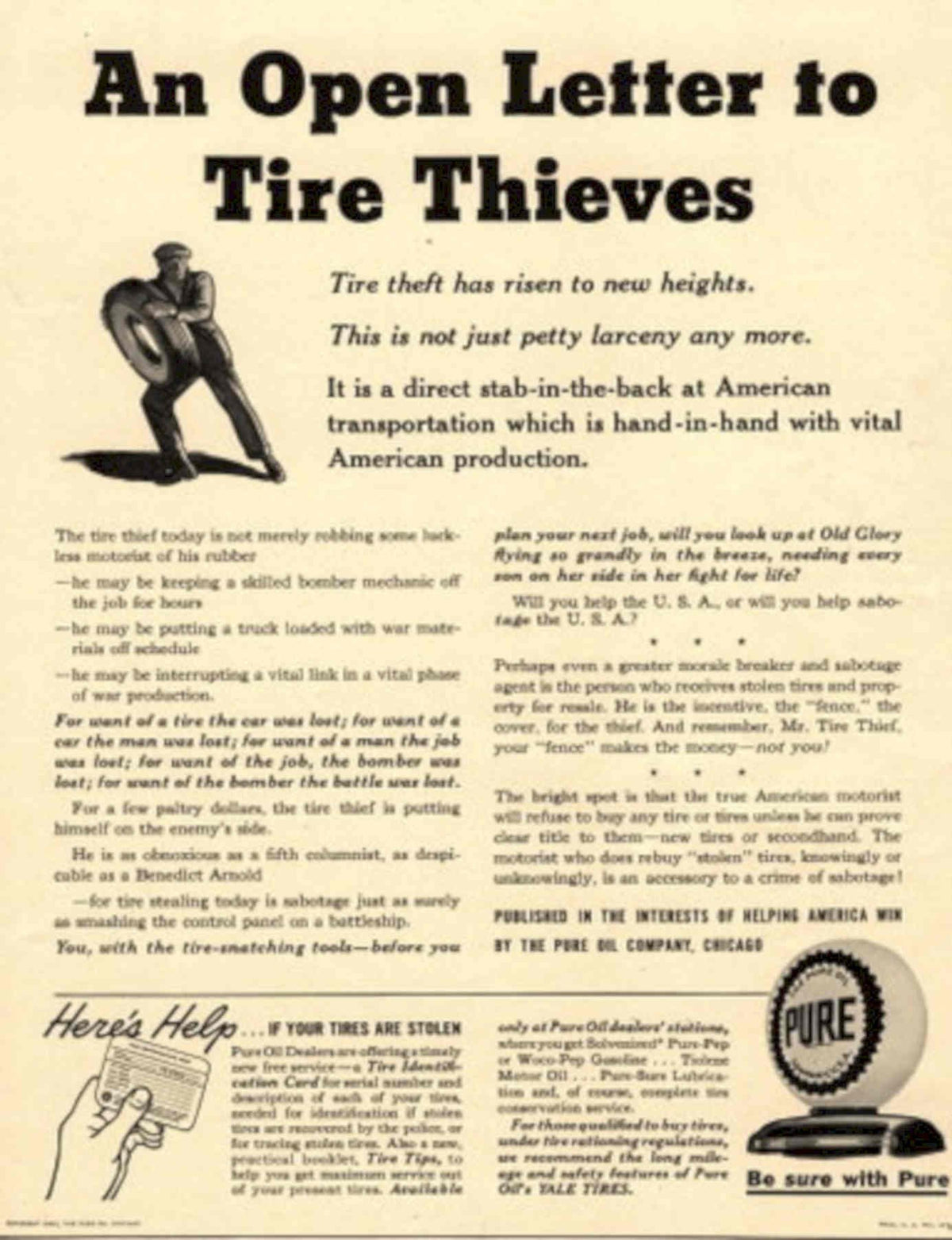Tire Thieves Pure 1940s Vintage Retro Advert Poster