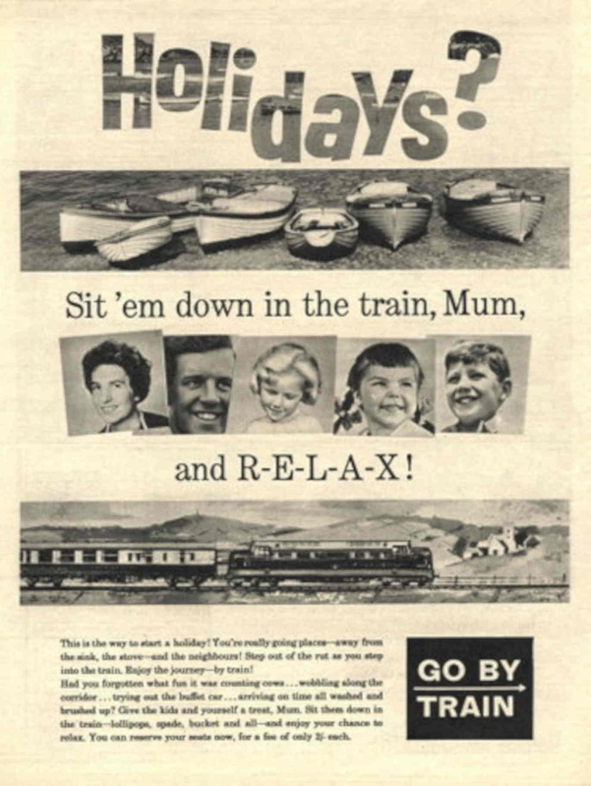 Train Family Holiday 1950s Vintage Retro Advert Poster