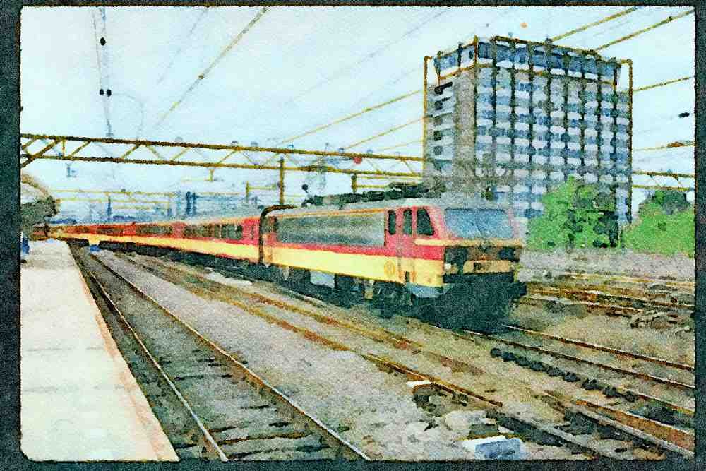 Trains 391036 Netherlands, Ry Electric Loco 1187 With Train, 1993 A4 Limited Edition Watercolour Print