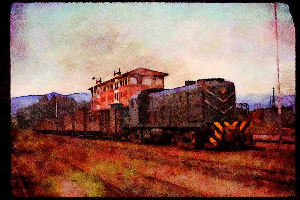 Trains 391042 Spain, Fc Del Lan Alco RS 3 1602 With Passenger Train, 1974 A4 Limited Edition Watercolour Print
