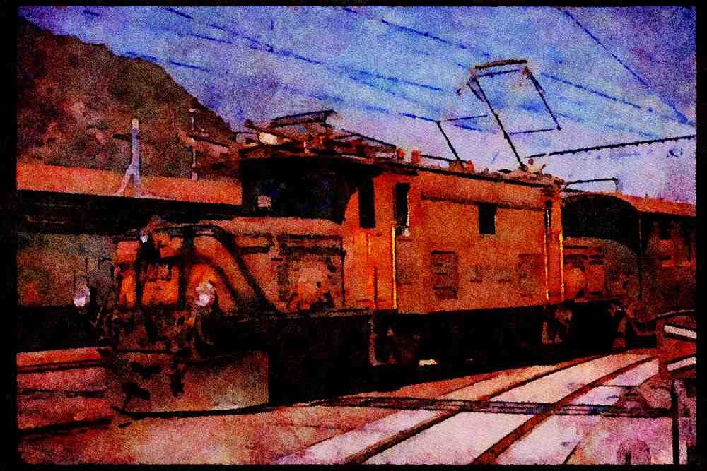 Trains 391047 Switzerland, Rh.B. Electric _crocodile_' 408, 1973 A4 Limited Edition Watercolour Print