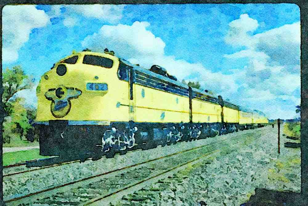 Trains USA 351007 C&N EMD F 7A 402 With Passenger Train, 1988 A4 Limited Edition Watercolour Print