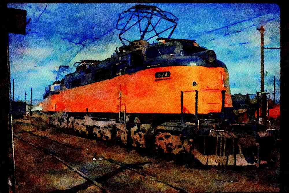 Trains USA 351018 Milwaukee Road Boxcab, Electric E34A, With Train, 1974 A4 Limited Edition Watercolour Print