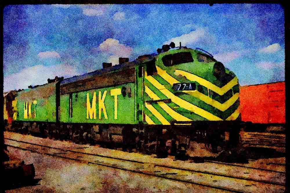 Trains USA 351019 M K T EMD F 7A Set 77A , 1973 A4 Limited Edition Watercolour Print