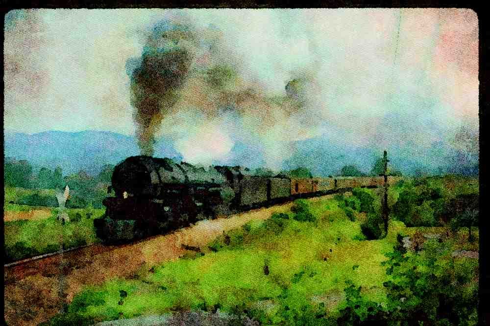 Trains USA 351030 N&W 2 6 6 4 Articulated 1218, With Passenger Train A4 Limited Edition Watercolour Print