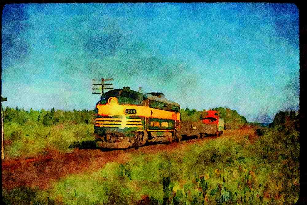 Trains USA 351031 ON Ry FP 7A 1508, With Local Freight, 1974 A4 Limited Edition Watercolour Print