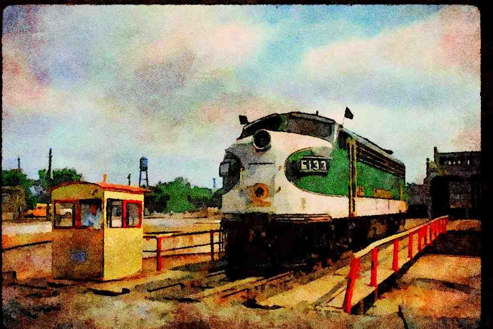 Trains USA 351035 SOU EMD F 7A 6133, Green Scheme On Turntable A4 Limited Edition Watercolour Print
