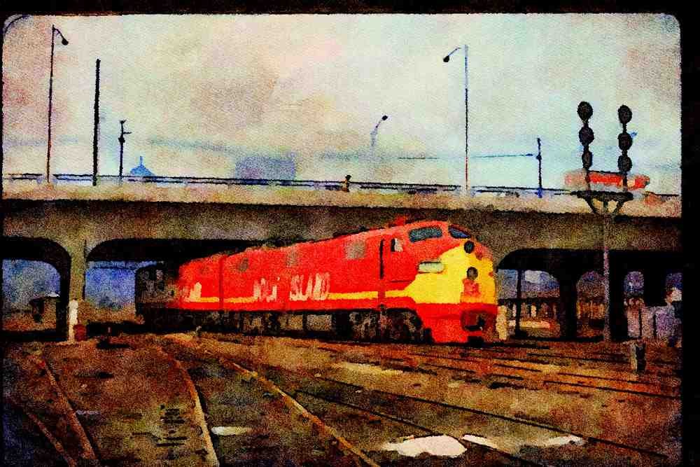 Trains USA 351063 RI EMD E 7A 642, With B Unit A4 Limited Edition Watercolour Print